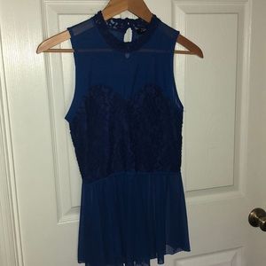 High-neck dark blue lace fit-&-flare shirt